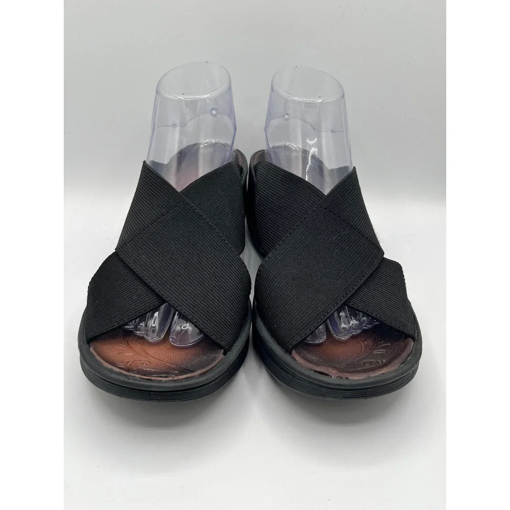 Bzees Desire Women Sz 9M Black Stretch Fabric Crisscross Wedge Slide Sandals